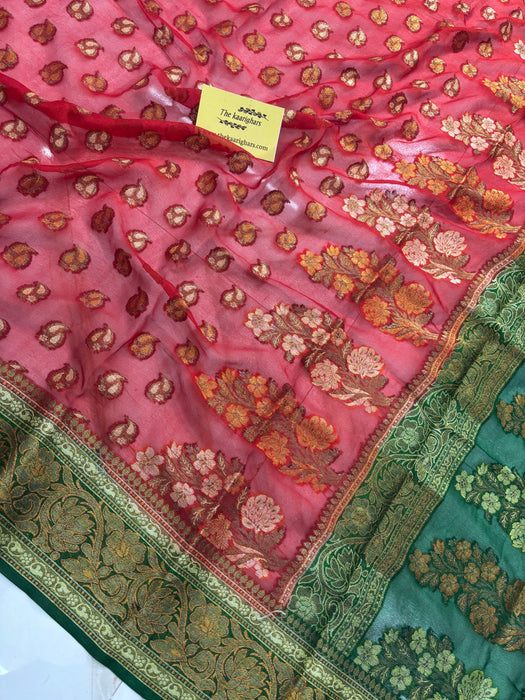 Red with Green Pure Khaddi Chiffon Banarasi Saree - Antique zari