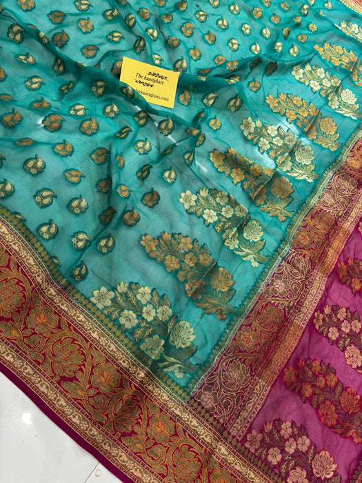 SeaGreen Pure Khaddi Chiffon Banarasi Saree - Antique Zari