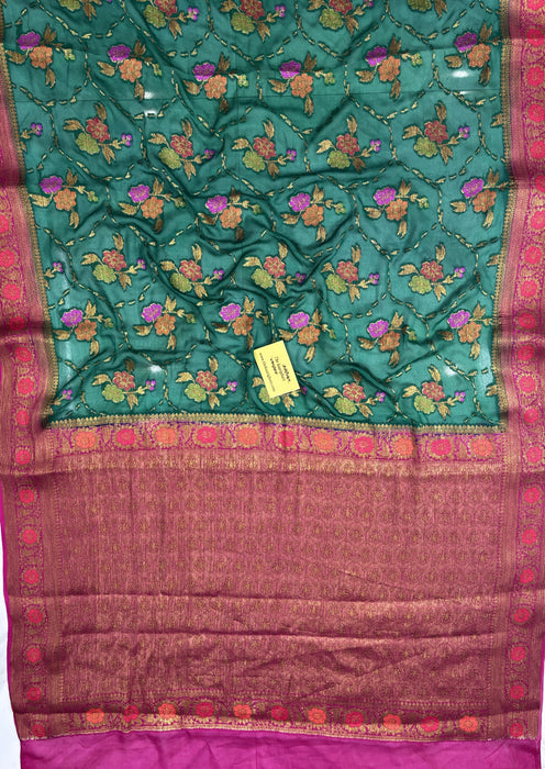 Bottle Green Pure Khaddi Chiffon Banarasi Saree - Meenakari Work