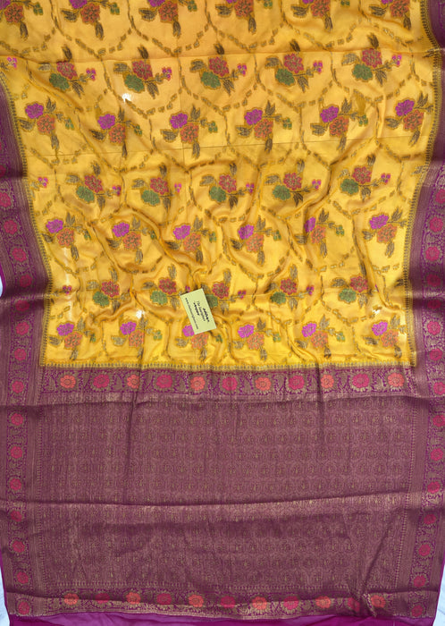 Persian Mustard Pure Khaddi Chiffon Banarasi Saree - Meenakari Work
