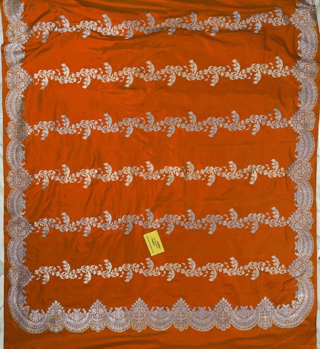 Spanish Orange Pure Katan Banarasi Handloom Saree - Kadiyal Jaal Work