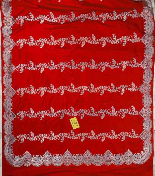 Italian Red Pure Katan Banarasi Handloom Saree - Kadiyal Jaal Work