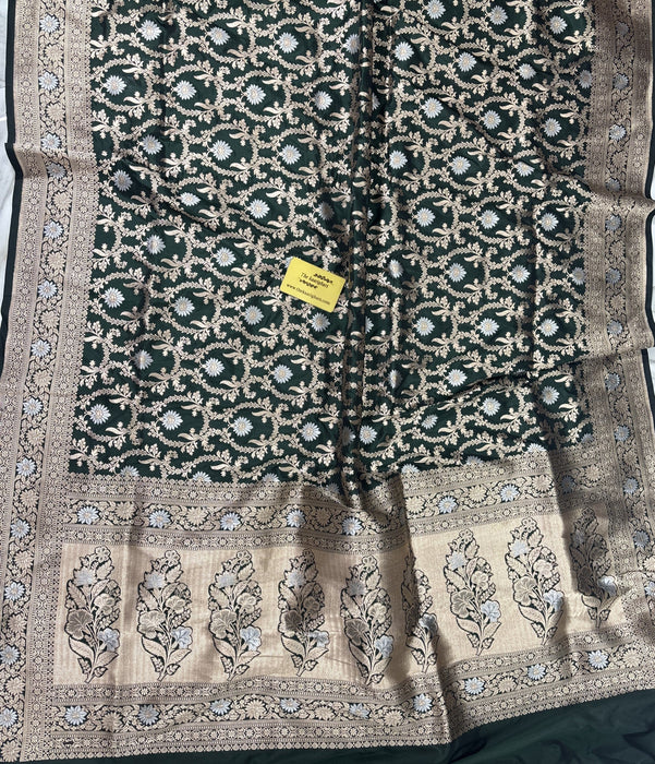 Green Pure Katan Banarasi Handloom Saree - Sona Roopa Jaal Work