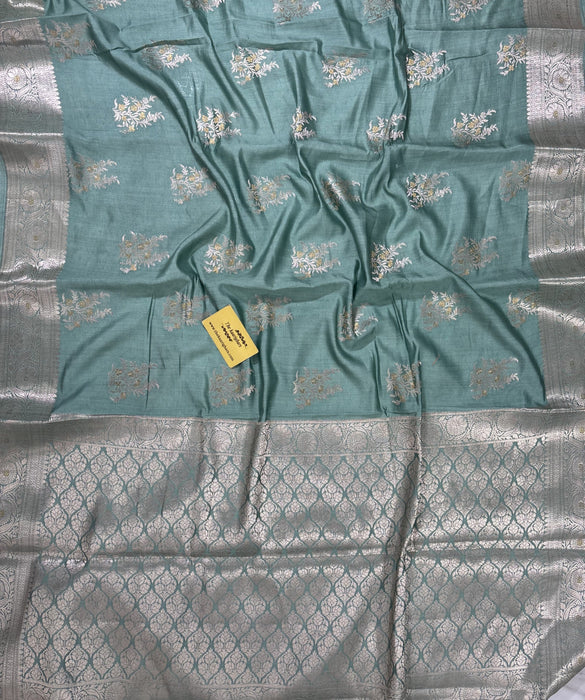 Teal Gray Pure Chiniya Banarasi Handloom Saree