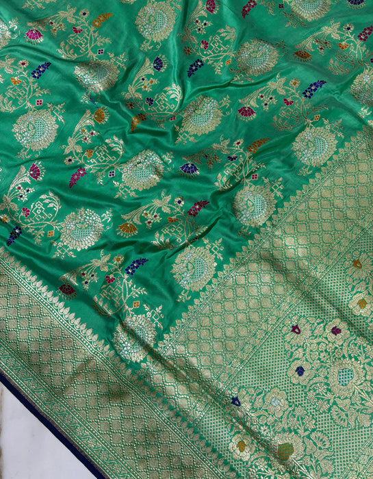 Ektara Pure Katan Silk Banarasi Handloom Saree - Silver and Gold Kadhiyal Jangla with Tested Zari