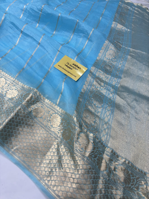 Spanish Blue Pure Kora Banarasi Handloom Saree