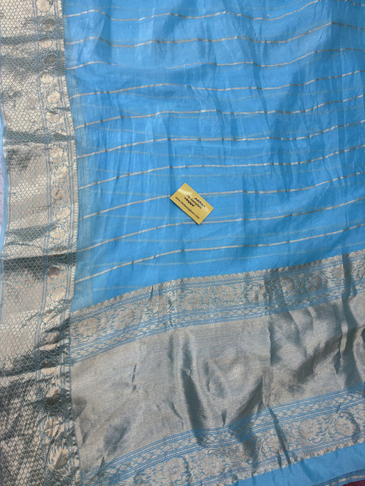 Spanish Blue Pure Kora Banarasi Handloom Saree