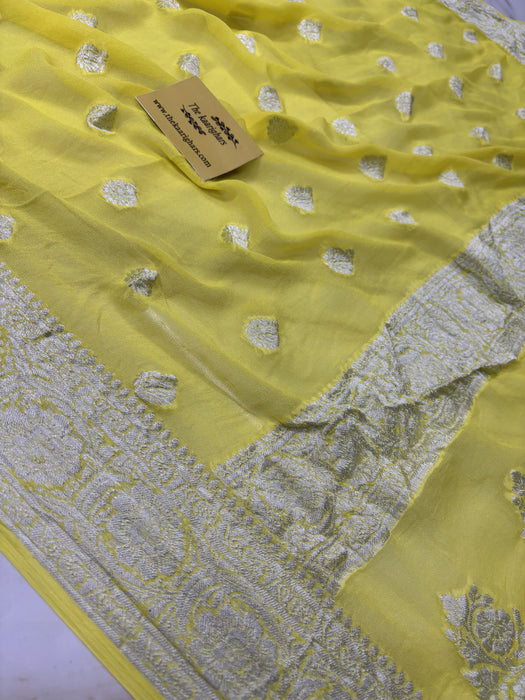 Yellow Pure Khaddi Chiffon Banarasi Handloom Saree