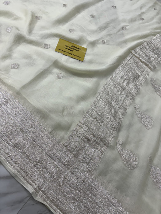 White Pure Khaddi Georgette Banarasi Handloom Saree - Silver Zari