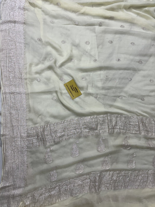White Pure Khaddi Georgette Banarasi Handloom Saree - Silver Zari