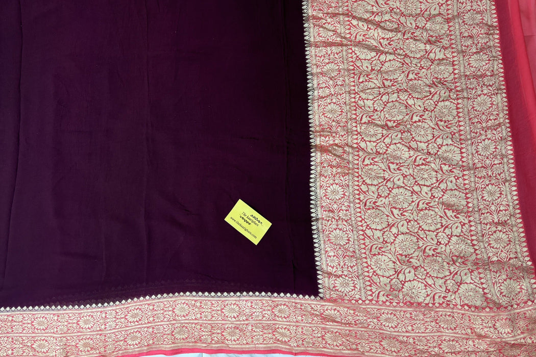 Wine Khaddi Georgette Banarasi Handloom Saree -  Water Work