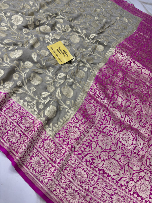 Ivory Khaddi Georgette Banarasi Handloom Saree - Water Zari