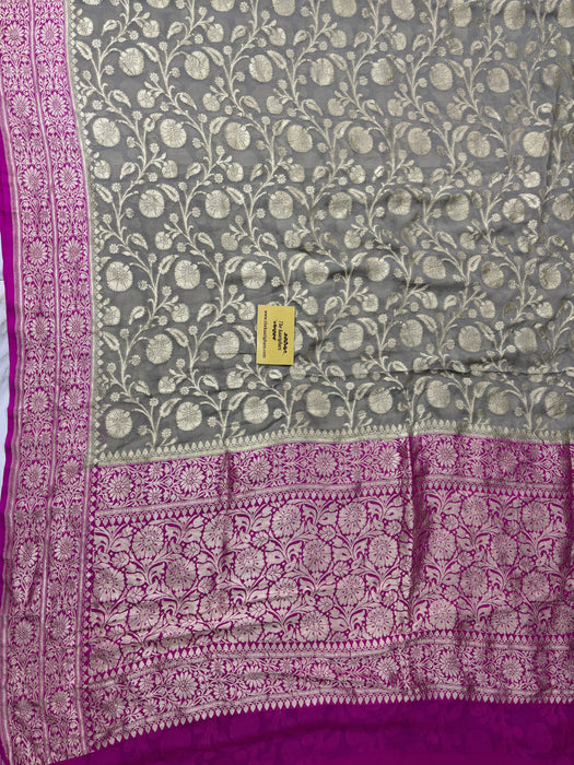 Ivory Khaddi Georgette Banarasi Handloom Saree - Water Zari