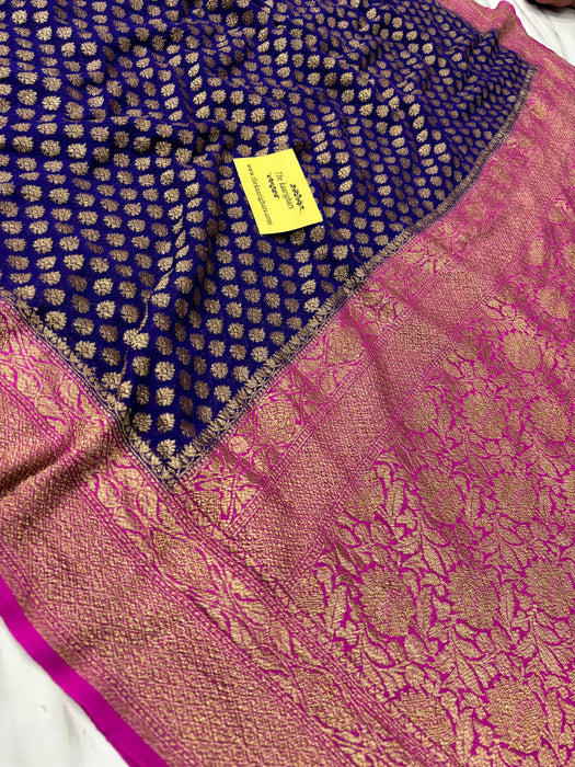 Navy Blue Khaddi Georgette Banarasi Handloom Saree - Antique Zari
