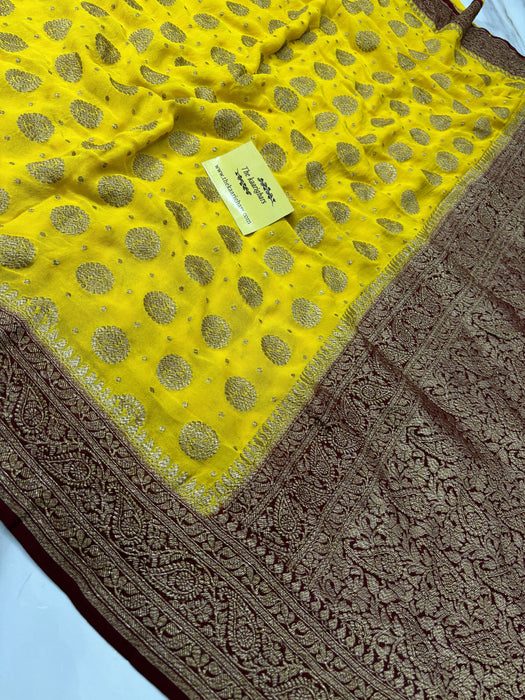 Italian Yellow Khaddi Georgette Banarasi Handloom Saree - Antique Zari