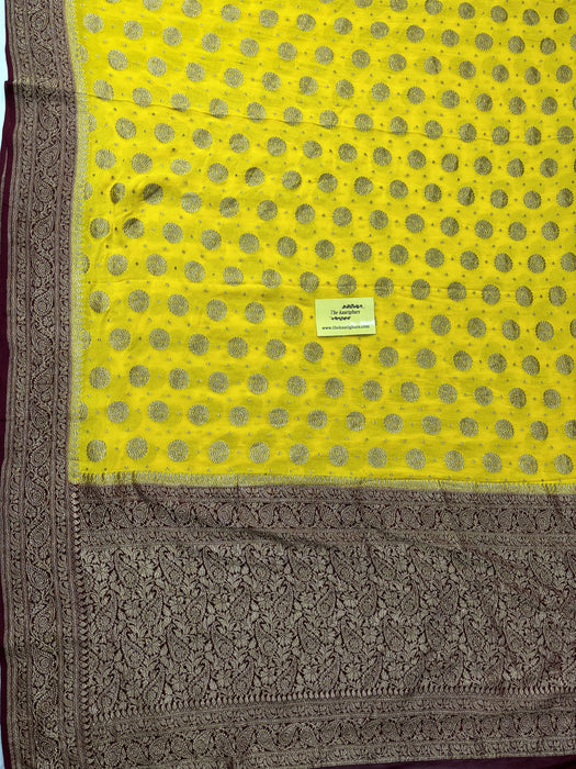 Italian Yellow Khaddi Georgette Banarasi Handloom Saree - Antique Zari