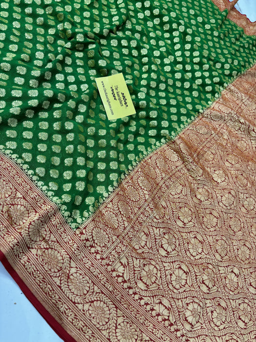 Green Khaddi Georgette Banarasi Handloom Saree - Gold Zari