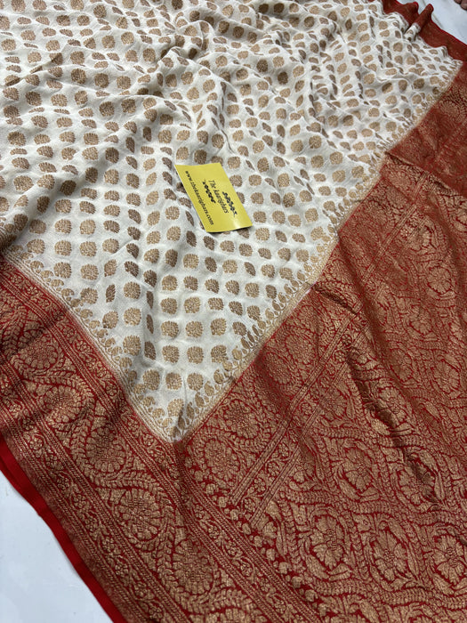 White and Red Khaddi Georgette Banarasi Handloom Saree - Antique Zari