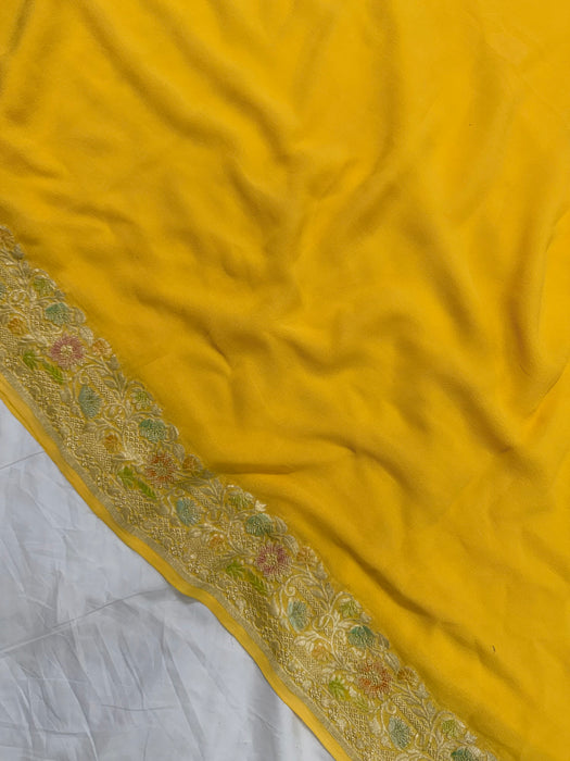 Yellow Khaddi Georgette Banarasi Handloom Saree - Hand Filled Meenakari