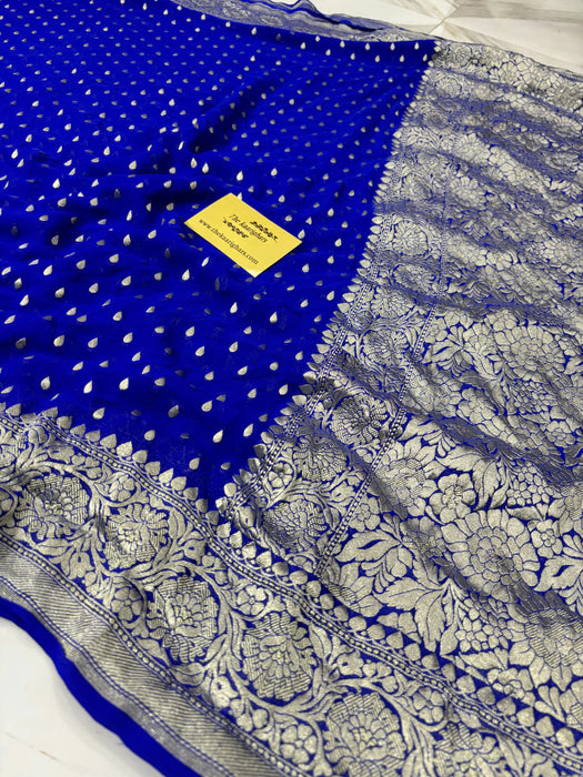 Royal Blue Khaddi Georgette Banarasi Handloom Saree - Water Zari