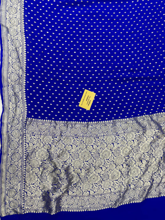 Royal Blue Khaddi Georgette Banarasi Handloom Saree - Water Zari