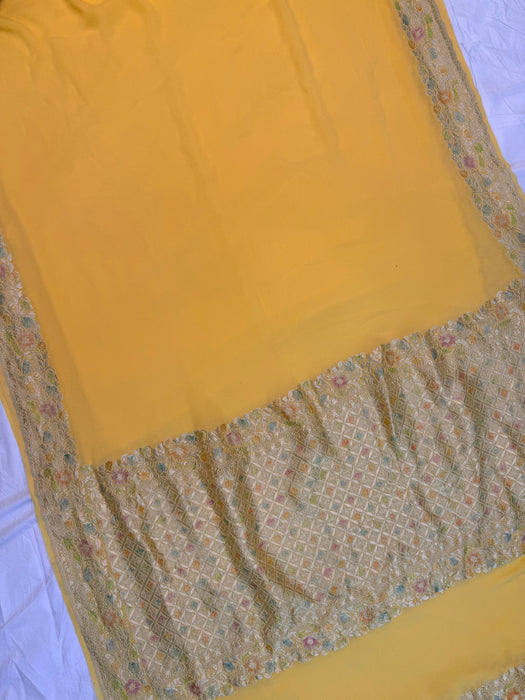 Yellow Khaddi Georgette Banarasi Handloom Saree - Hand Filled Meenakari