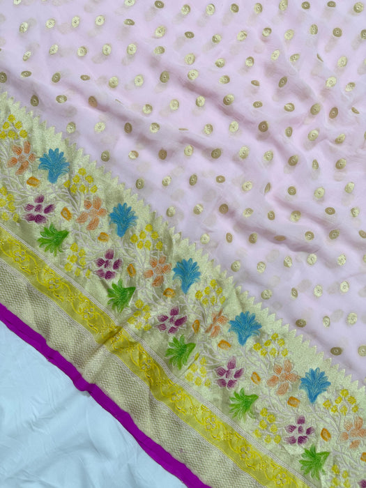 Pink Khaddi Georgette Banarasi Handloom Saree - Hand Filled Meenakari