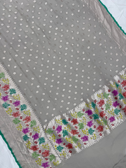 Gray Khaddi Georgette Banarasi Handloom Saree - Hand Filled Meenakari