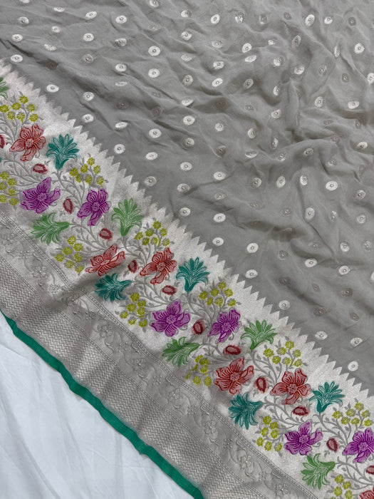 Gray Khaddi Georgette Banarasi Handloom Saree - Hand Filled Meenakari
