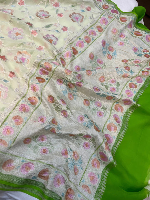 Vanilla Khaddi Georgette Banarasi Handloom Saree - Handfilled Meenakari