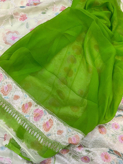 Vanilla Khaddi Georgette Banarasi Handloom Saree - Handfilled Meenakari