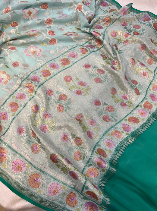 Pure Khaddi Georgette Banarasi Handloom Saree - Handfilled Meenakari