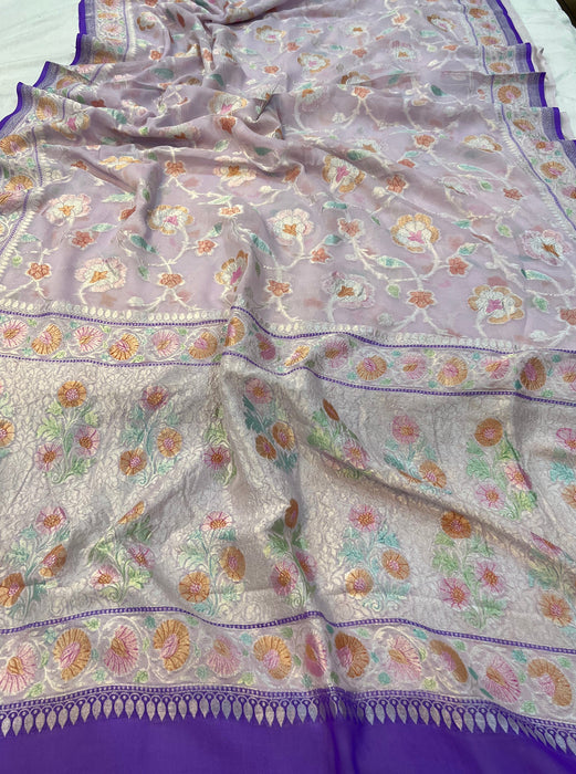 Pink Khaddi Georgette Banarasi Handloom Saree - Handfilled Meenakari