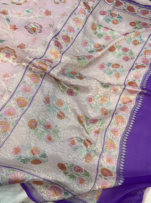 Pink Khaddi Georgette Banarasi Handloom Saree - Handfilled Meenakari