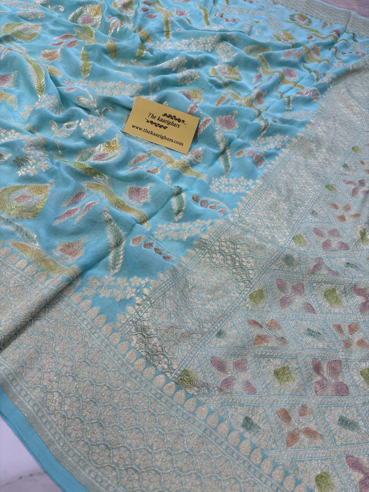 Sea Green Khaddi Georgette Banarasi Handloom Saree - Hand Meenakari