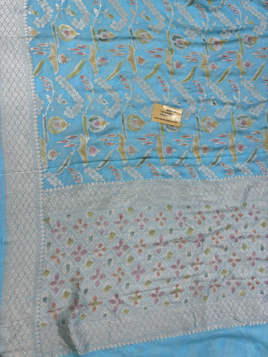 Sea Green Khaddi Georgette Banarasi Handloom Saree - Hand Meenakari