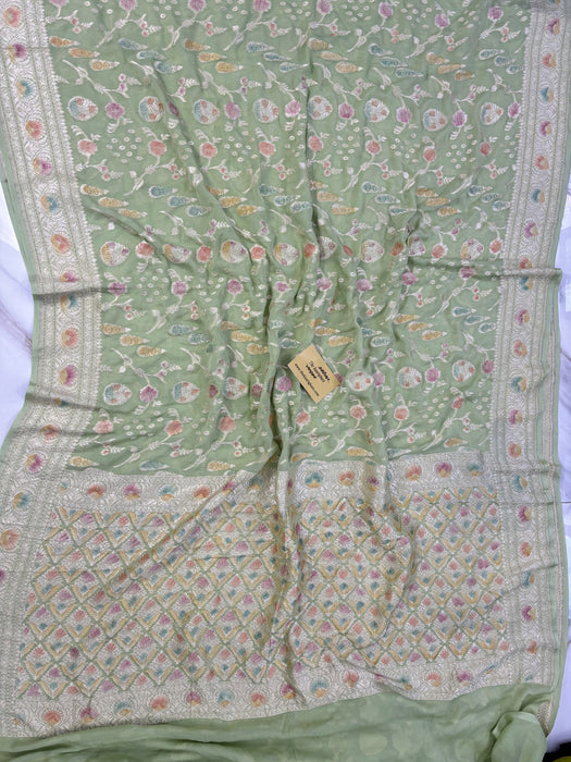 Pista Khaddi Georgette Banarasi Handloom Saree - Hand Meenakari
