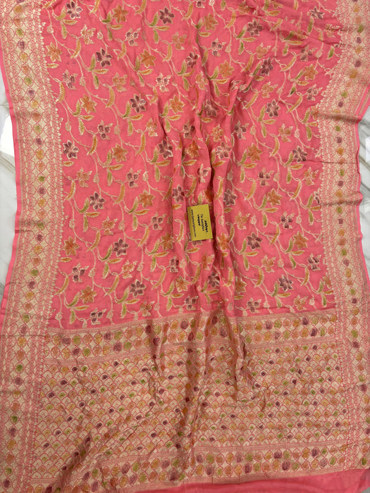 Pastel Red Khaddi Georgette Banarasi Handloom Saree - Hand Meenakari