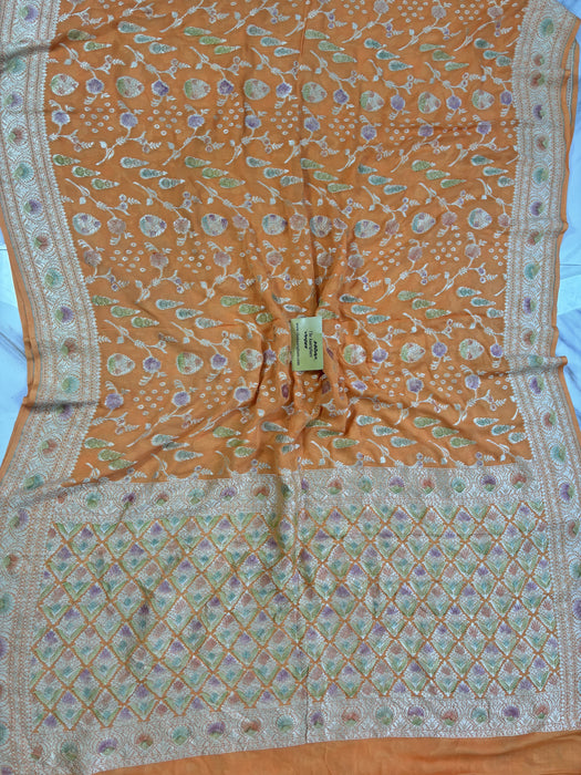 Dirty Orange Khaddi Georgette Banarasi Handloom Saree - Hand Meenakari