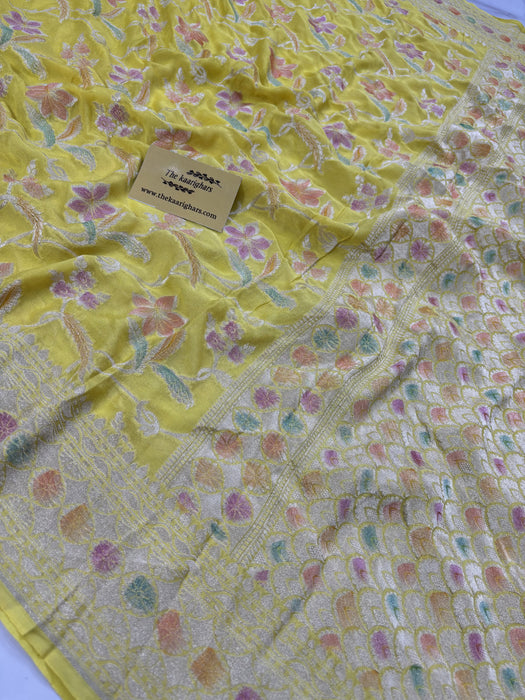 Yellow Khaddi Georgette Banarasi Handloom Saree - Hand Meenakari