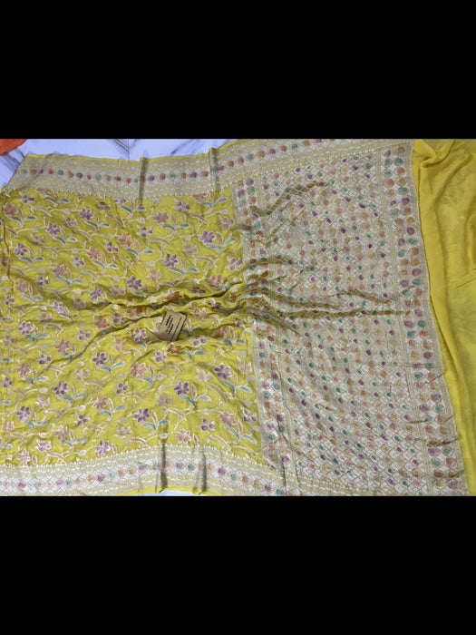 Yellow Khaddi Georgette Banarasi Handloom Saree - Hand Meenakari