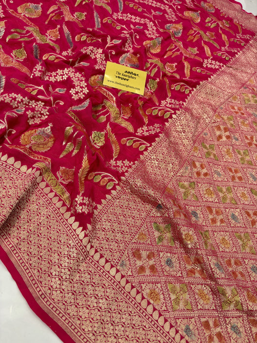 Rani Khaddi Georgette Banarasi Handloom Saree - Hand Meenakari