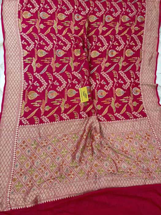 Rani Khaddi Georgette Banarasi Handloom Saree - Hand Meenakari