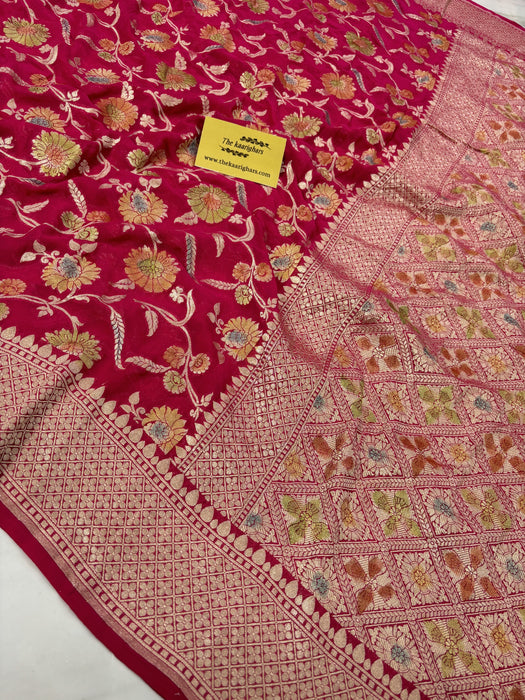 Rani Khaddi Georgette Banarasi Handloom Saree - Hand Meenakari