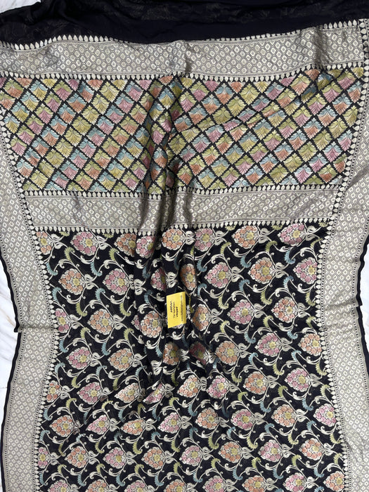Black Khaddi Georgette Banarasi Handloom Saree - Hand Meenakari