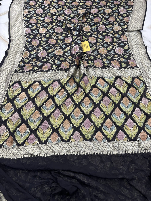 Black Khaddi Georgette Banarasi Handloom Saree - Hand Meenakari