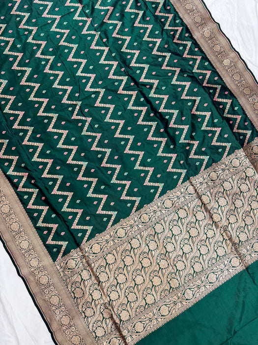 Bottle Green Pure Katan Banarasi Handloom Saree - Meenakari Work