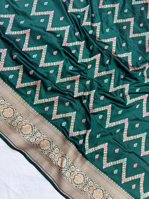 Bottle Green Pure Katan Banarasi Handloom Saree - Meenakari Work