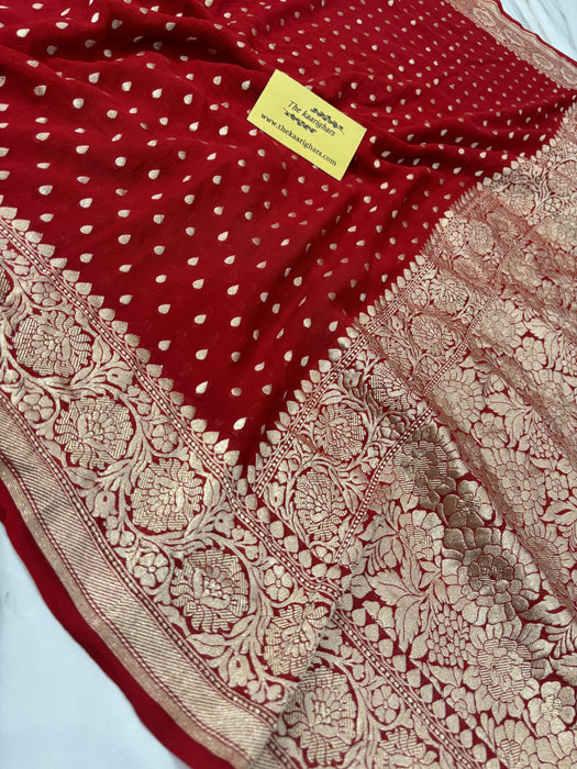 Red Khaddi Georgette Banarasi Handloom Saree - Water Zari