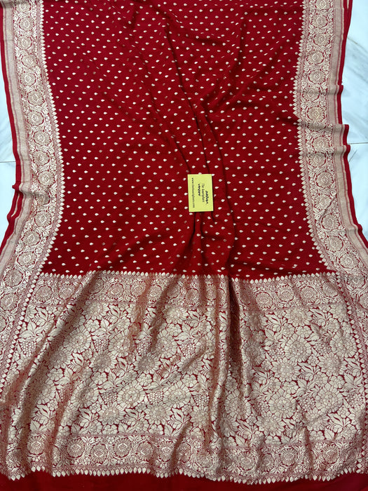 Red Khaddi Georgette Banarasi Handloom Saree - Water Zari